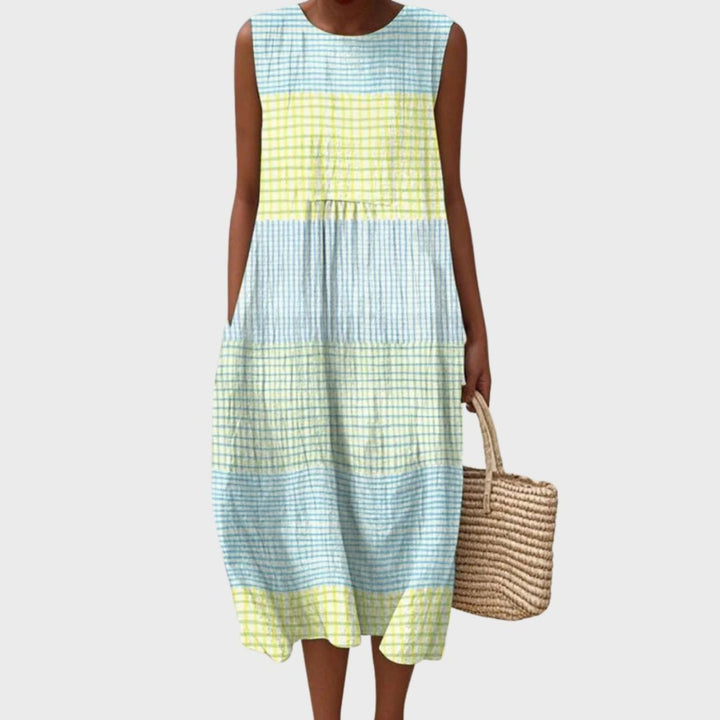 Dames Linnen Geruit Mouwloze Midi Jurk - Light Blue