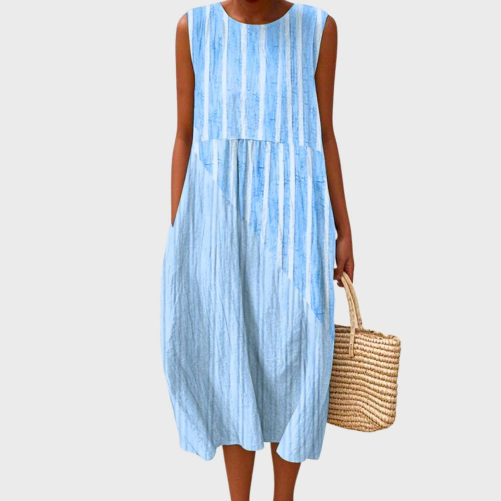 Dames Linnen Geruit Mouwloze Midi Jurk - Light Blue 2