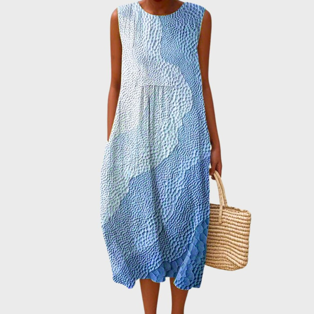 Dames Linnen Geruit Mouwloze Midi Jurk - Steel Blue