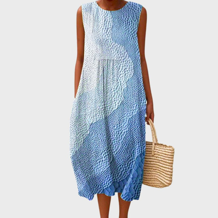 Dames Linnen Geruit Mouwloze Midi Jurk - Steel Blue