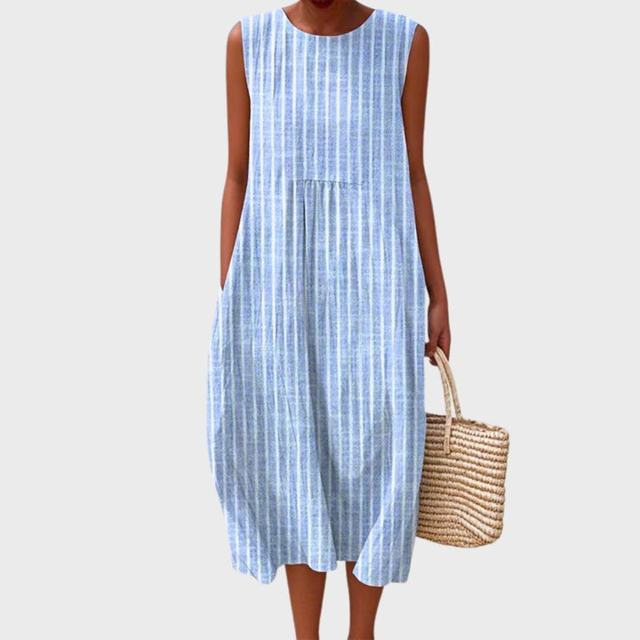 Dames Linnen Geruit Mouwloze Midi Jurk - Blue