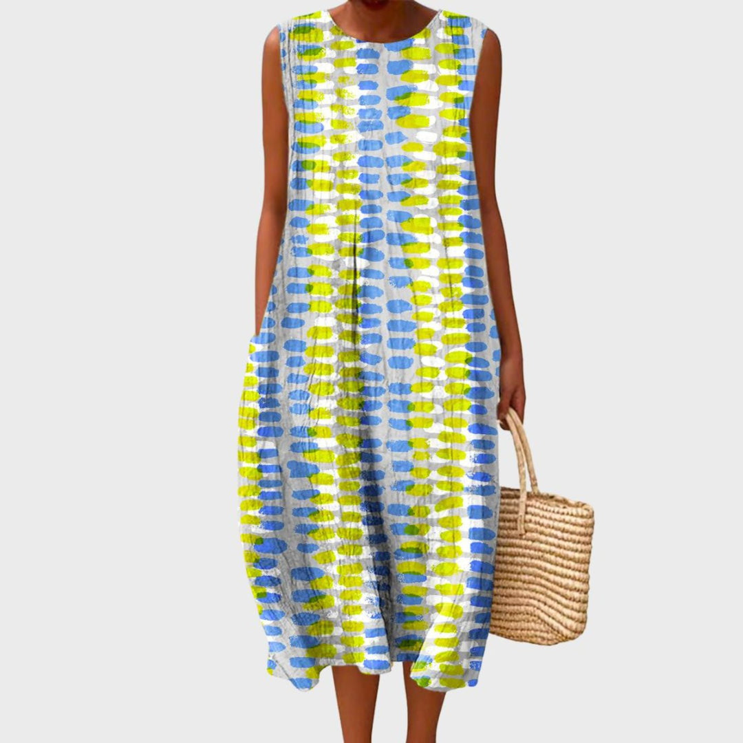 Dames Linnen Geruit Mouwloze Midi Jurk - Light Gray