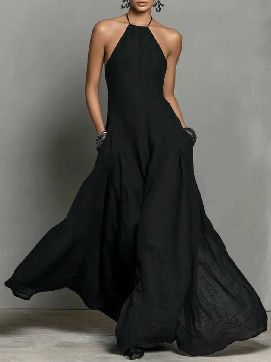 Dames Linnen Halter Maxi Jurk - Black