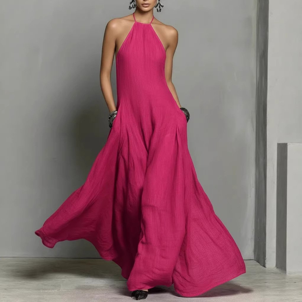 Dames Linnen Halter Maxi Jurk - Hot Pink