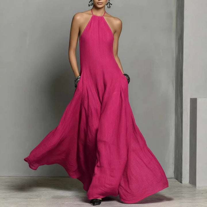 Dames Linnen Halter Maxi Jurk - Hot Pink