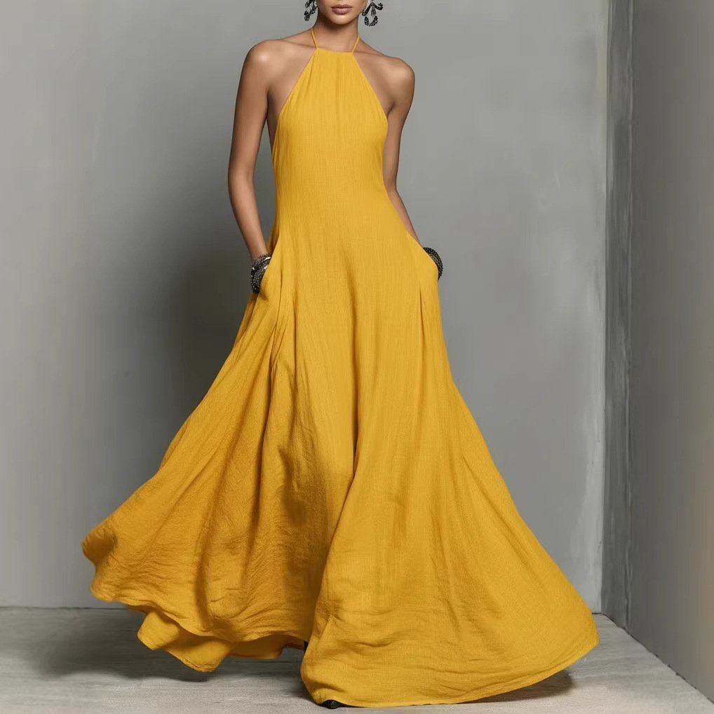 Dames Linnen Halter Maxi Jurk - Yellow