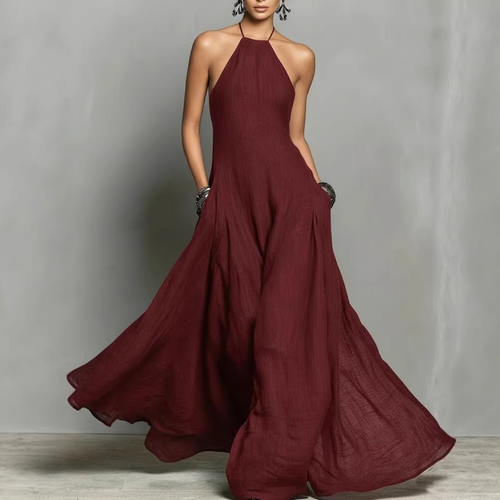 Dames Linnen Halter Maxi Jurk - Burgundy