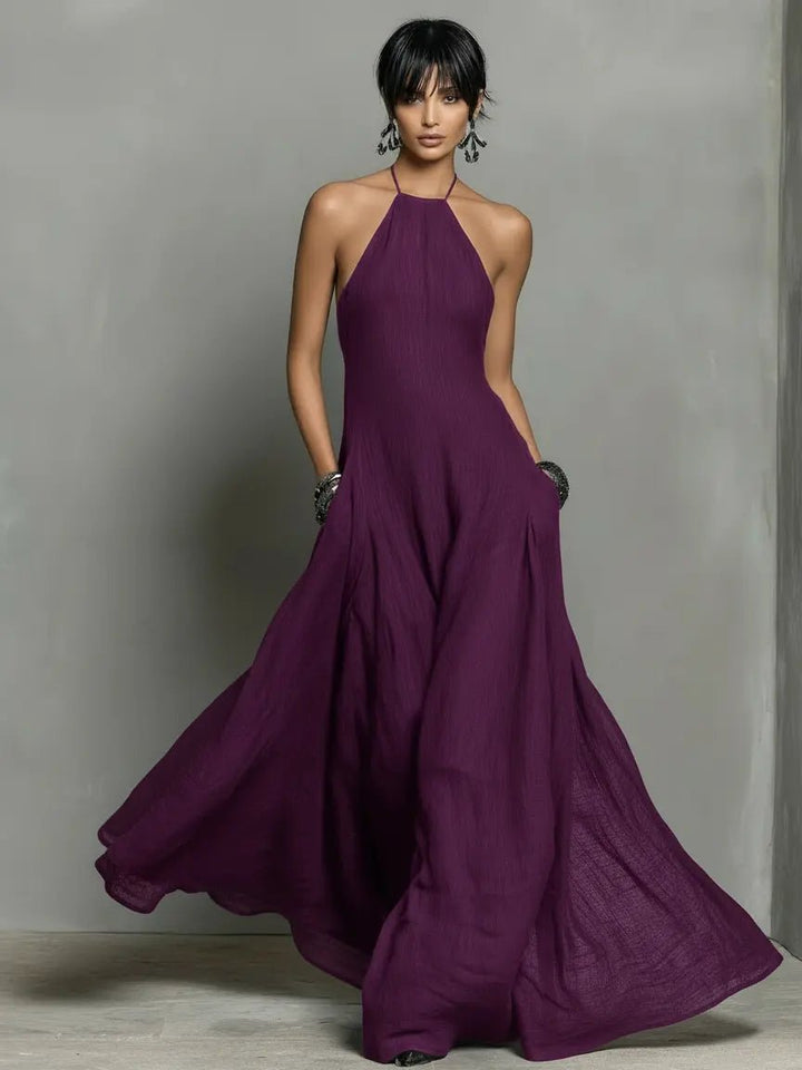 Dames Linnen Halter Maxi Jurk - Purple