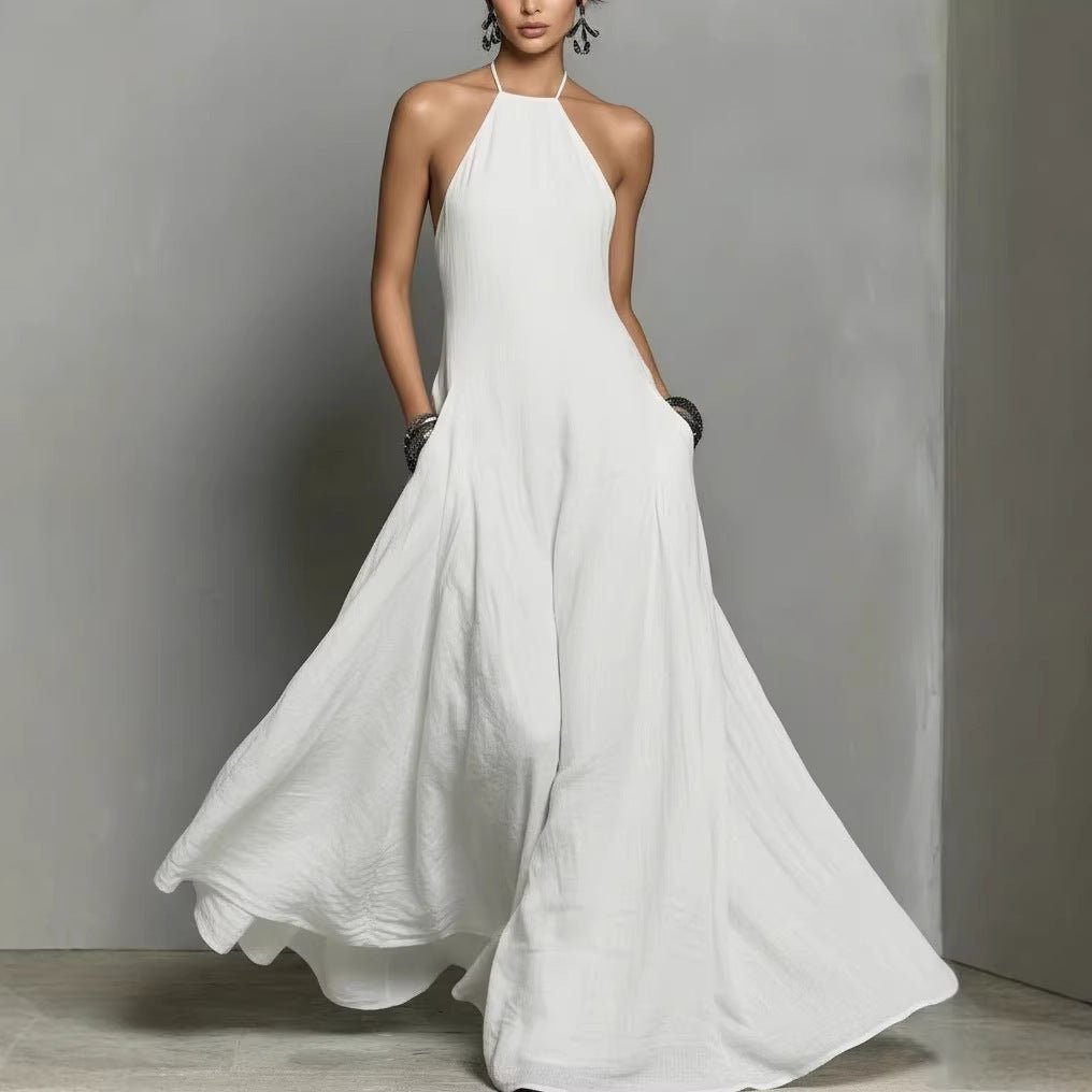 Dames Linnen Halter Maxi Jurk - White