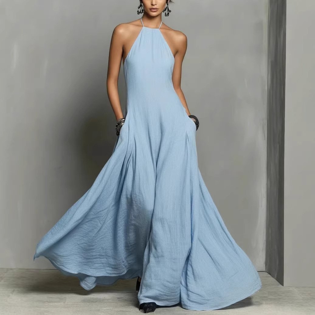 Dames Linnen Halter Maxi Jurk - Light Blue