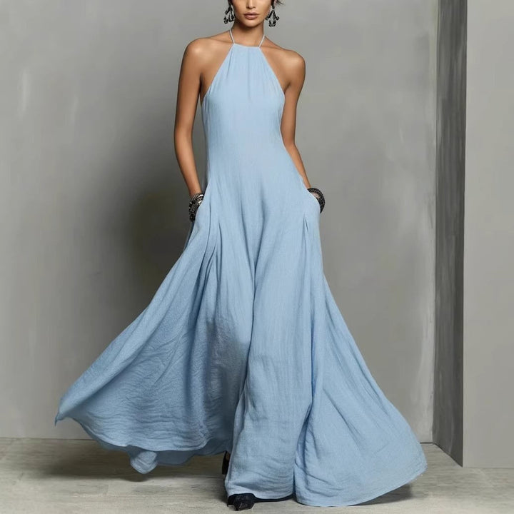 Dames Linnen Halter Maxi Jurk - Light Blue