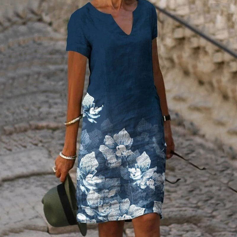 Dames Linnen Korte Mouw V-hals Midi Jurk - Blue