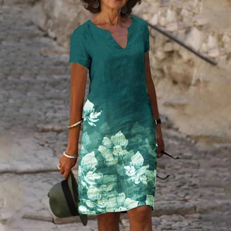 Dames Linnen Korte Mouw V-hals Midi Jurk - Green