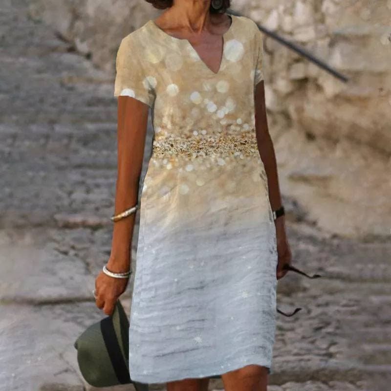 Dames Linnen Korte Mouw V-hals Midi Jurk - Beige