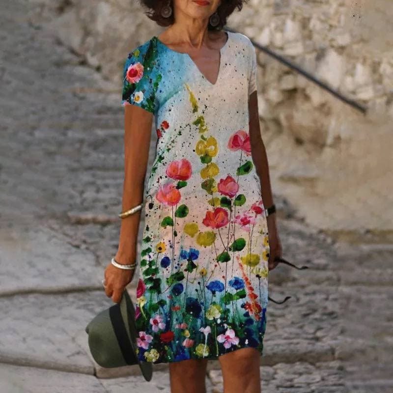 Dames Linnen Korte Mouw V-hals Midi Jurk - Pink
