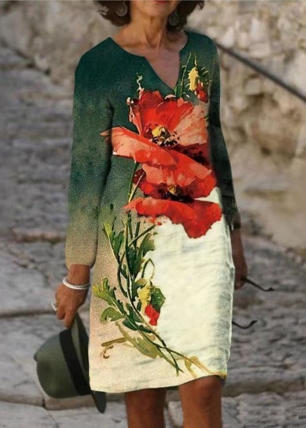 Dames Linnen Korte Mouw V-hals Midi Jurk - Dark Green