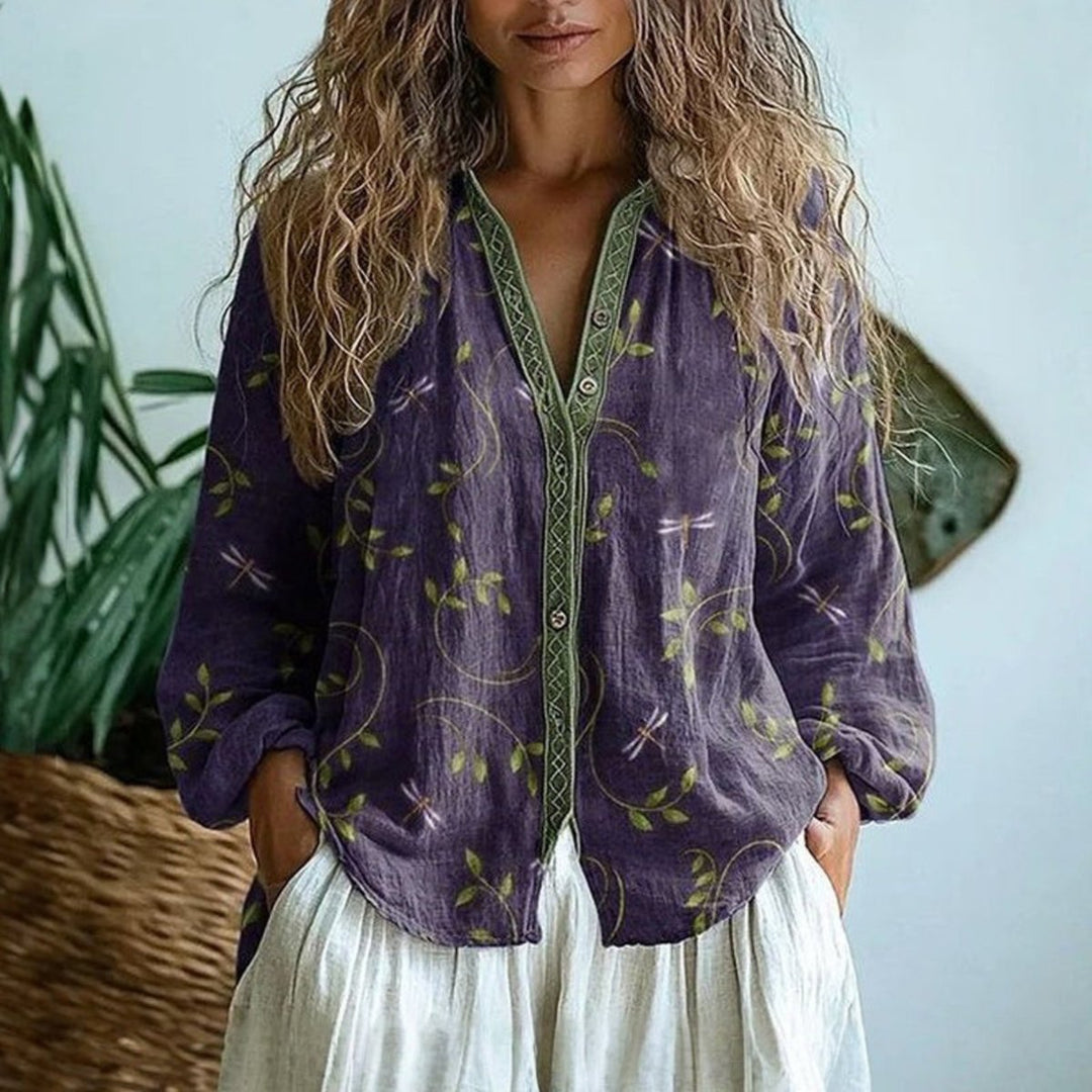 Dames Linnen Lange Mouw Bloemenprint Cardigan Blouse - Paars