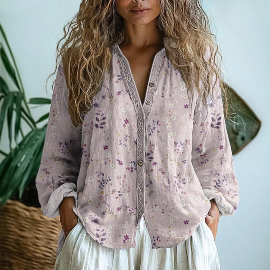 Dames Linnen Lange Mouw Bloemenprint Cardigan Blouse - Lichtroze