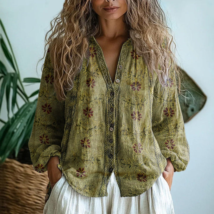 Dames Linnen Lange Mouw Bloemenprint Cardigan Blouse - Licht olijfgroen