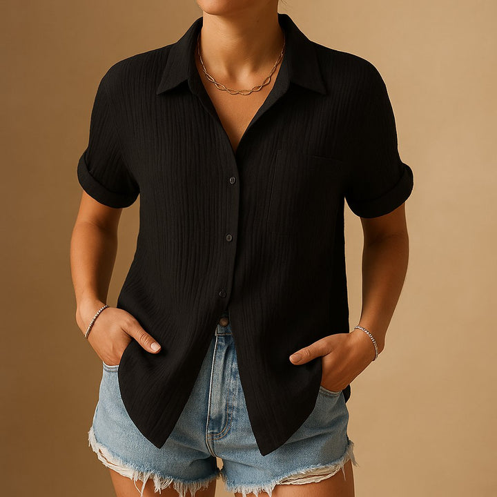 Dames Linnen-Look Korte Mouw Overhemd met Borstzak - Black