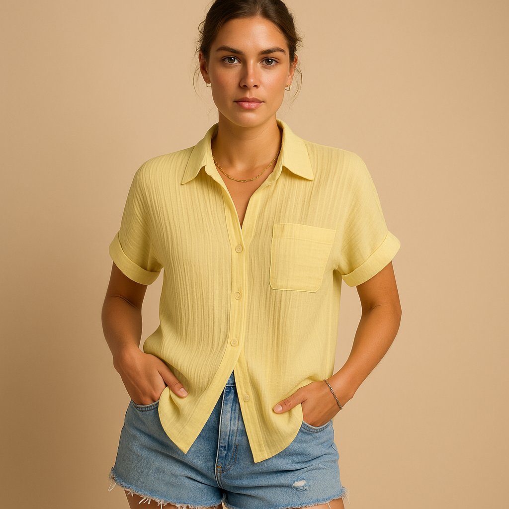 Dames Linnen-Look Korte Mouw Overhemd met Borstzak - Yellow