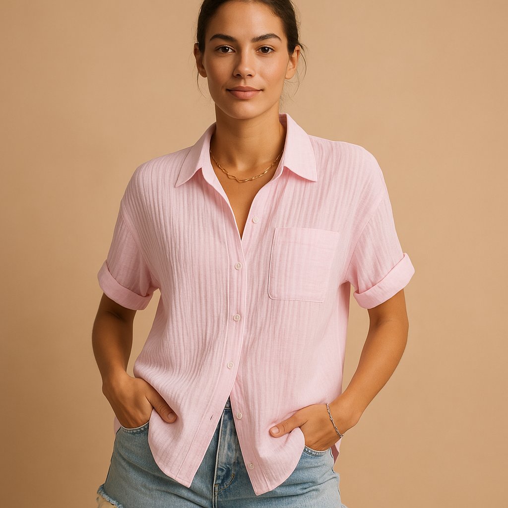 Dames Linnen-Look Korte Mouw Overhemd met Borstzak - Pink