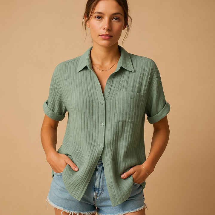 Dames Linnen-Look Korte Mouw Overhemd met Borstzak - Green