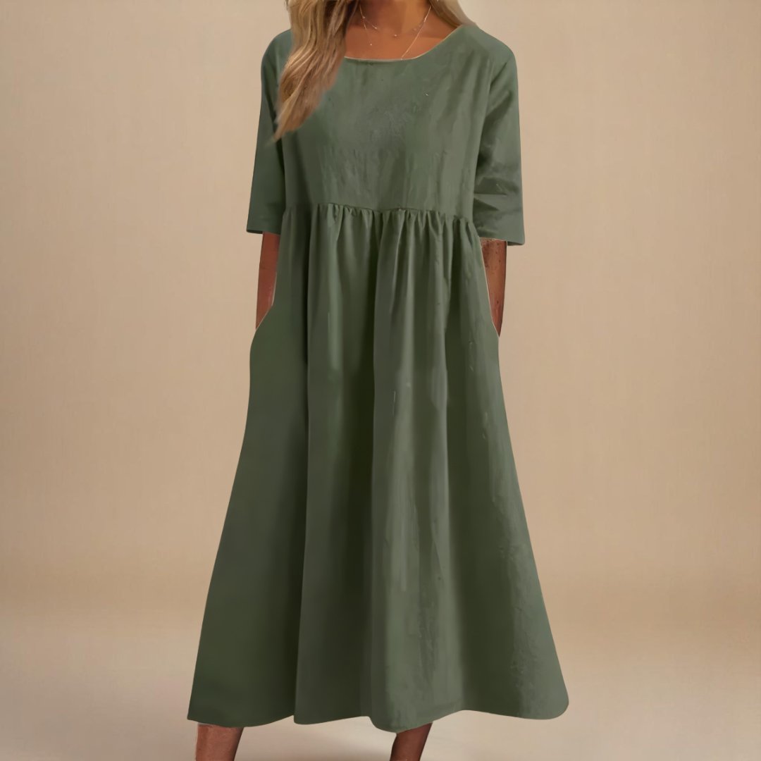 Dames Linnen Midi-jurk Halve Mouwen Empire Taille - Army Green