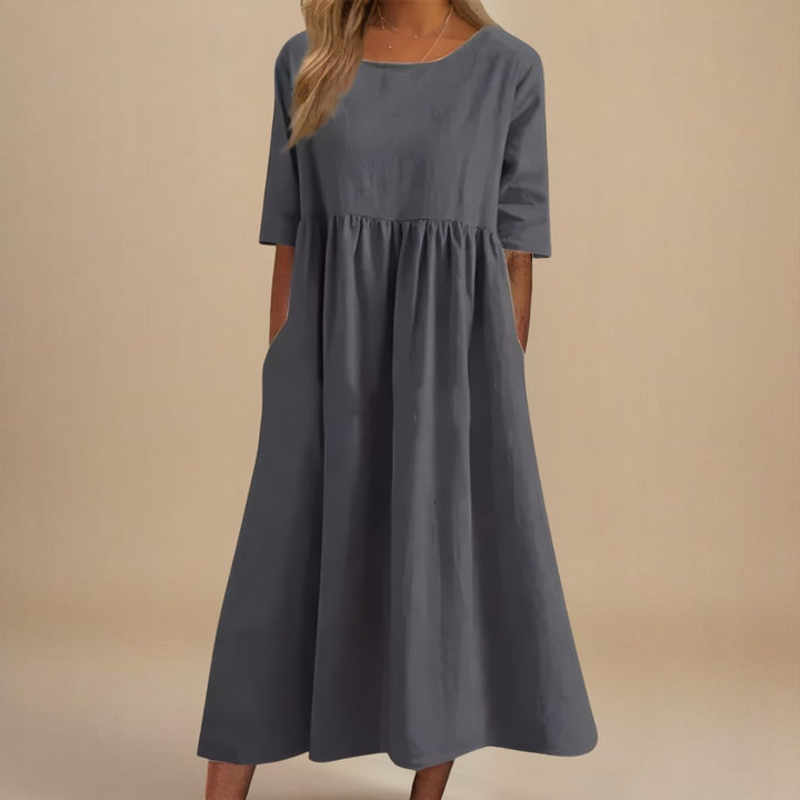 Dames Linnen Midi-jurk Halve Mouwen Empire Taille - Gray