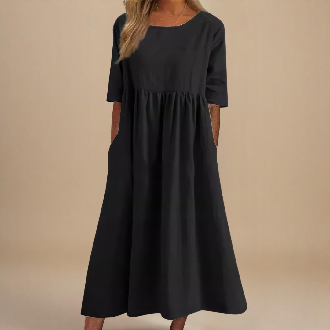 Dames Linnen Midi-jurk Halve Mouwen Empire Taille - Black
