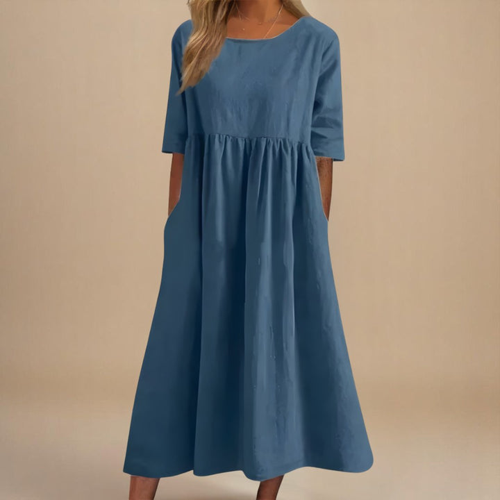 Dames Linnen Midi-jurk Halve Mouwen Empire Taille - Slate Blue