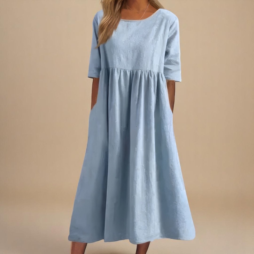 Dames Linnen Midi-jurk Halve Mouwen Empire Taille - Light Blue