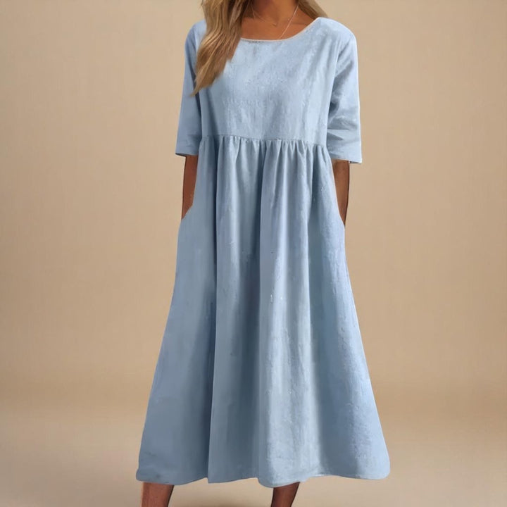 Dames Linnen Midi-jurk Halve Mouwen Empire Taille - Light Blue