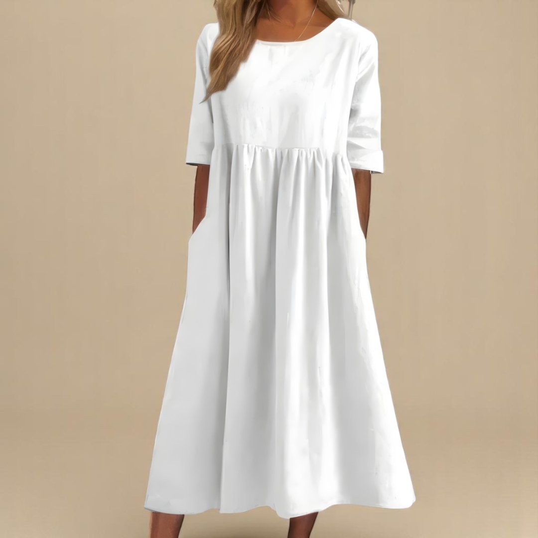 Dames Linnen Midi-jurk Halve Mouwen Empire Taille - White