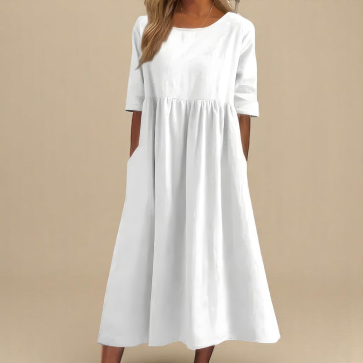 Dames Linnen Midi-jurk Halve Mouwen Empire Taille - White