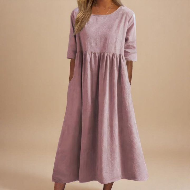 Dames Linnen Midi-jurk Halve Mouwen Empire Taille - Dusty Pink