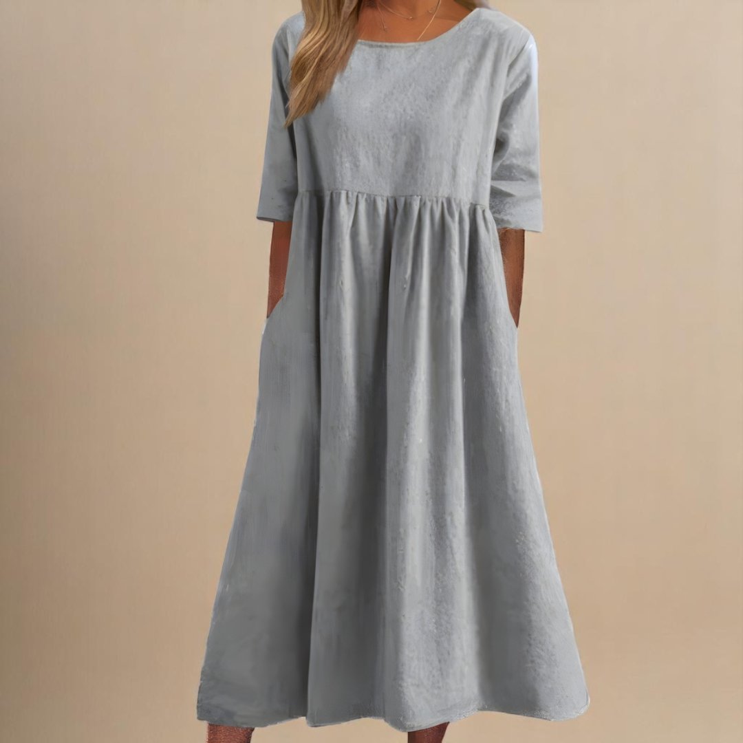 Dames Linnen Midi-jurk Halve Mouwen Empire Taille - Light Gray