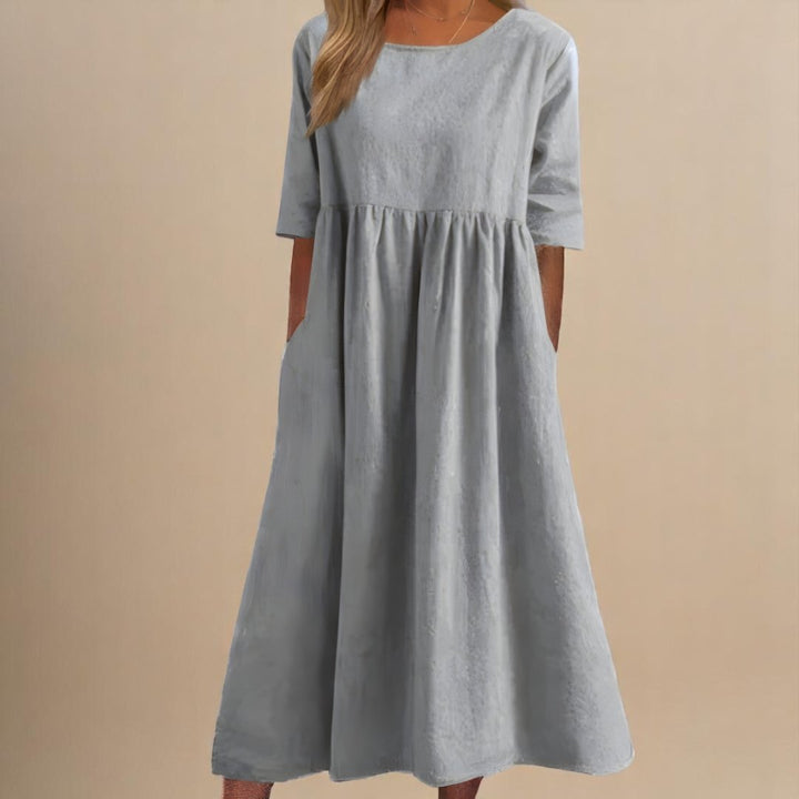 Dames Linnen Midi-jurk Halve Mouwen Empire Taille - Light Gray
