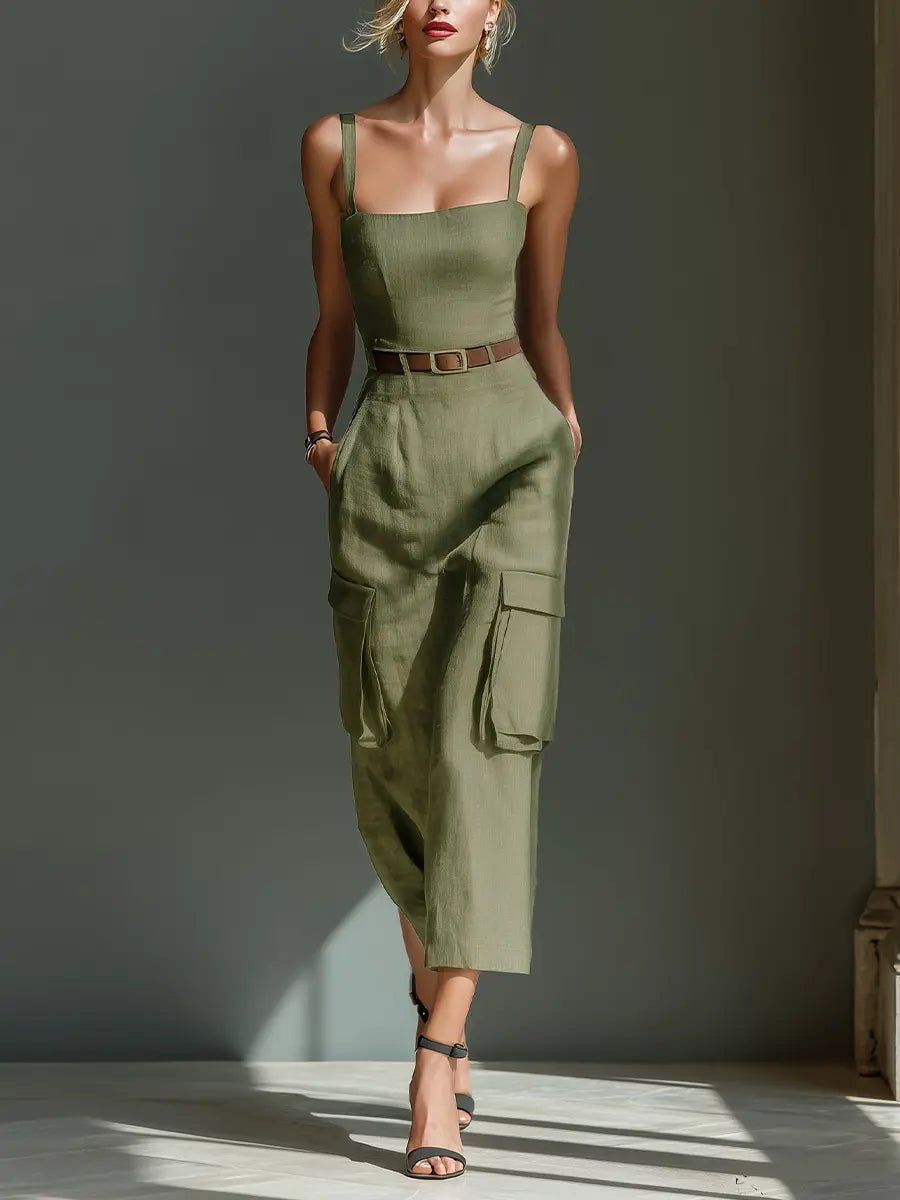 Dames Linnen Midi Jurk met Zakken en Riem - Olive Green