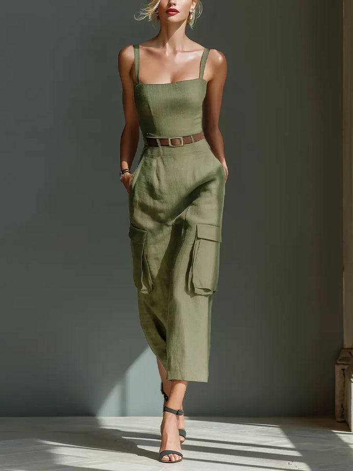 Dames Linnen Midi Jurk met Zakken en Riem - Olive Green