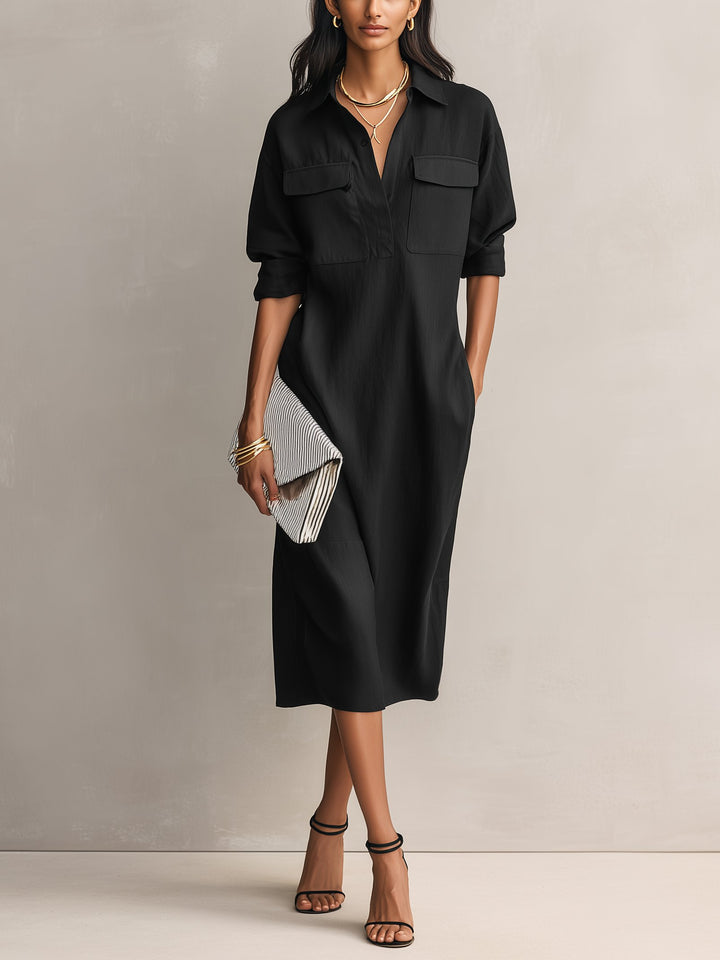 Dames Linnen Midi Shirtjurk V-hals Elleboogmouwen Borstzakken