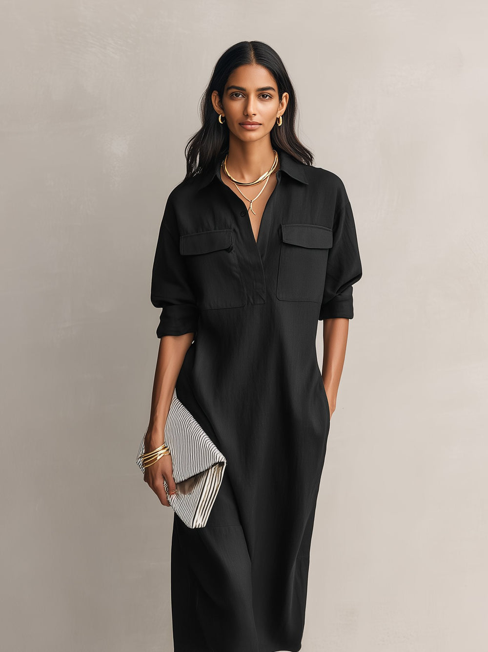 Dames Linnen Midi Shirtjurk V-hals Elleboogmouwen Borstzakken