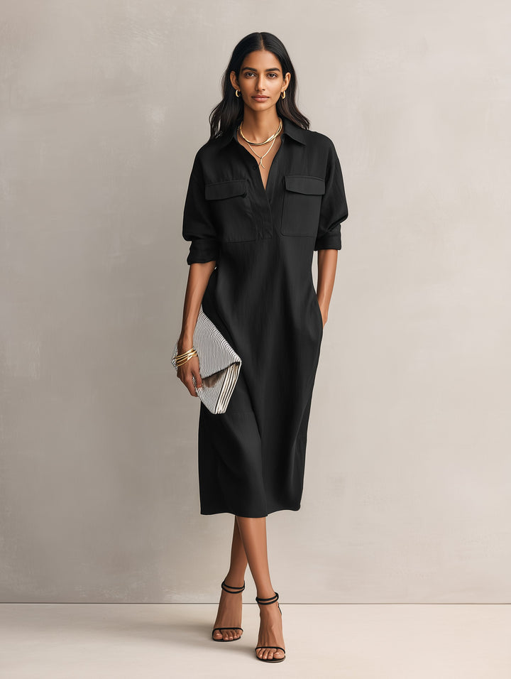 Dames Linnen Midi Shirtjurk V-hals Elleboogmouwen Borstzakken