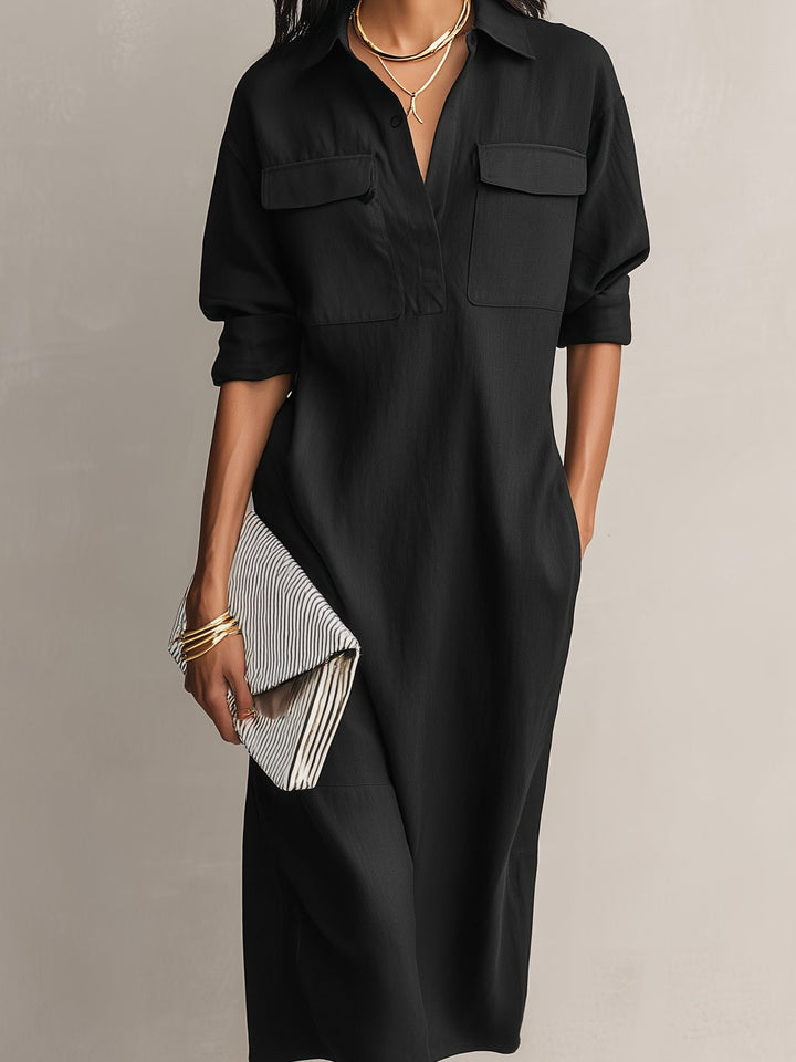 Dames Linnen Midi Shirtjurk V-hals Elleboogmouwen Borstzakken
