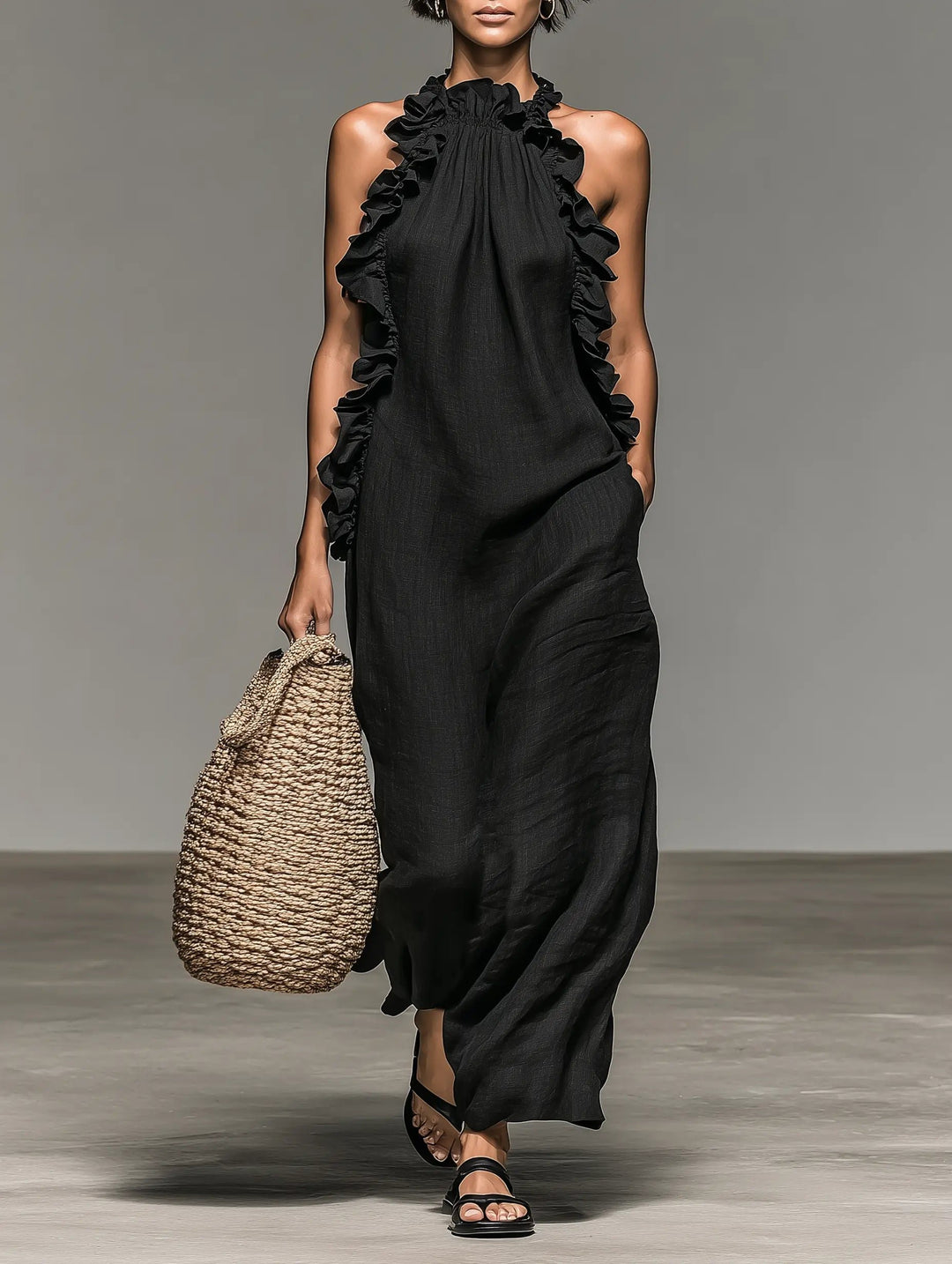 Dames Linnen Mouwloze Maxi Jurk met Ruches - Black