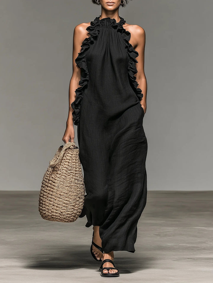 Dames Linnen Mouwloze Maxi Jurk met Ruches - Black