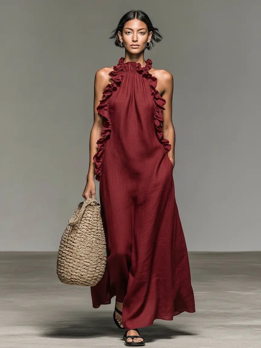 Dames Linnen Mouwloze Maxi Jurk met Ruches - Red