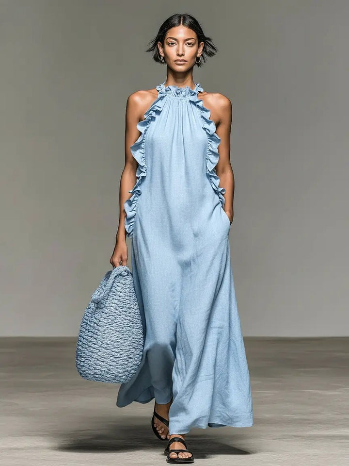 Dames Linnen Mouwloze Maxi Jurk met Ruches - Light Blue