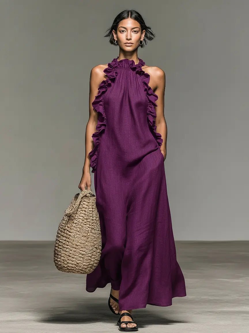 Dames Linnen Mouwloze Maxi Jurk met Ruches - Purple