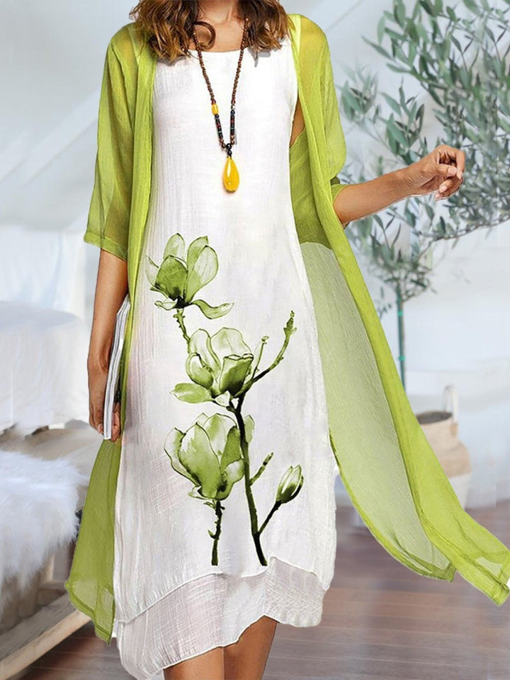 Dames Linnen Mouwloze Midi Jurk met Chiffon Vest Set - Light Green